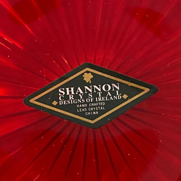 Vintage Shannon Designs of Ireland Lead Crystal Red Glass Candy Dish With Lid - Picture 9 of 14